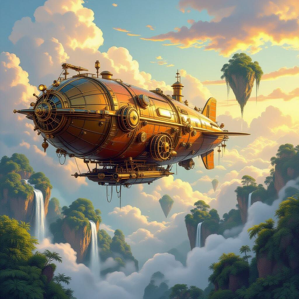 Steampunk Airship Over Lush Floating Islands