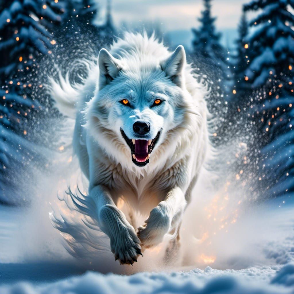 Ghost Wolf Running Through Snow-Covered Fire