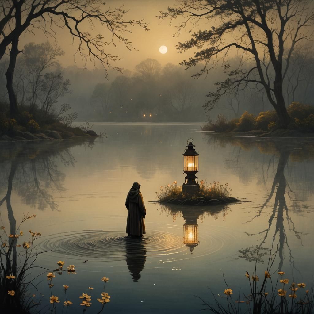 Nostalgic Figure at Misty Lake by Moonlight