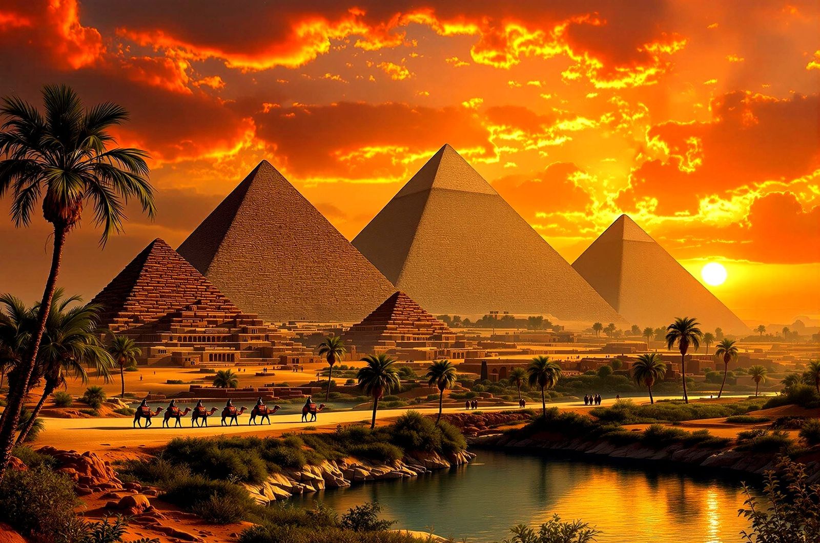 Ancient Pyramids Along the Nile River at Sunset