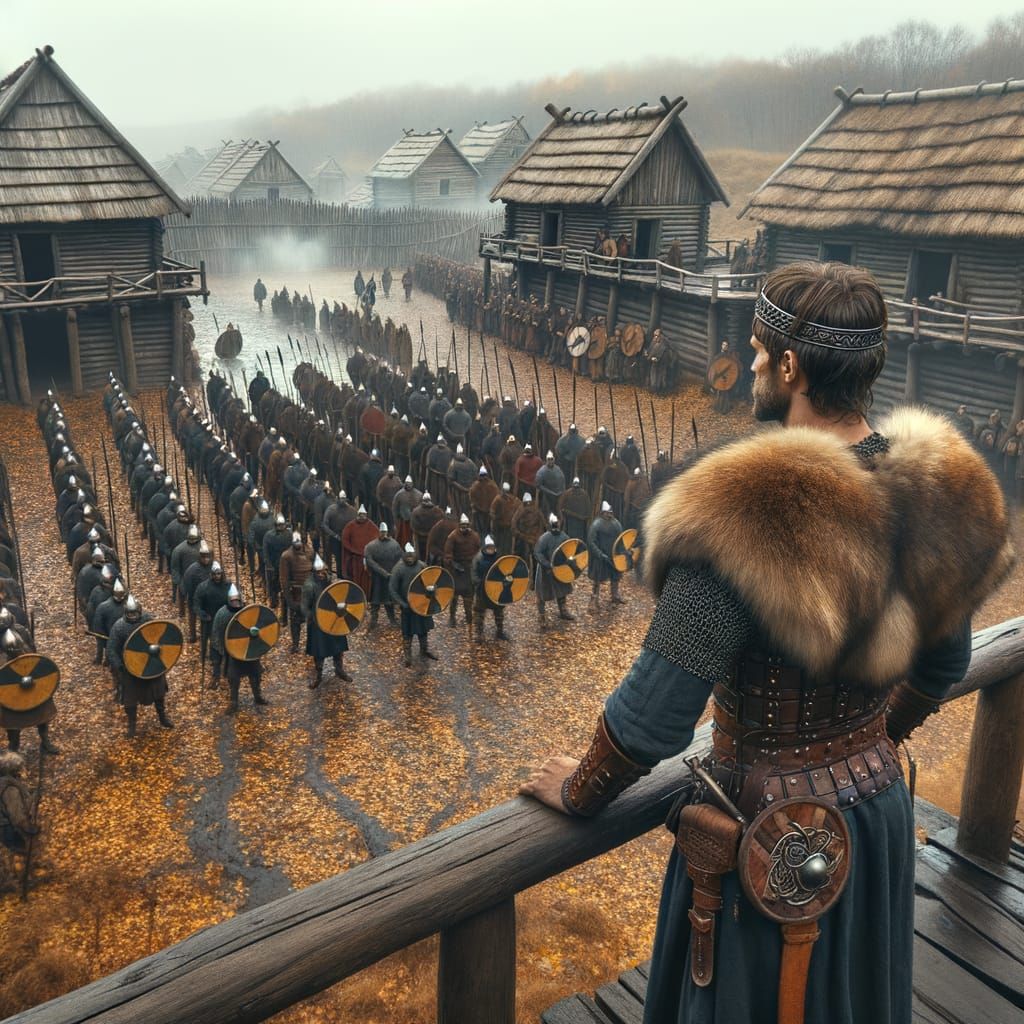 Nordic Jarl Surveys Viking Army Before Slavic Fortress