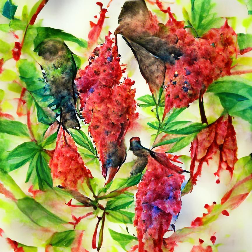 Hummingbirds and Sumac in Watercolor Style