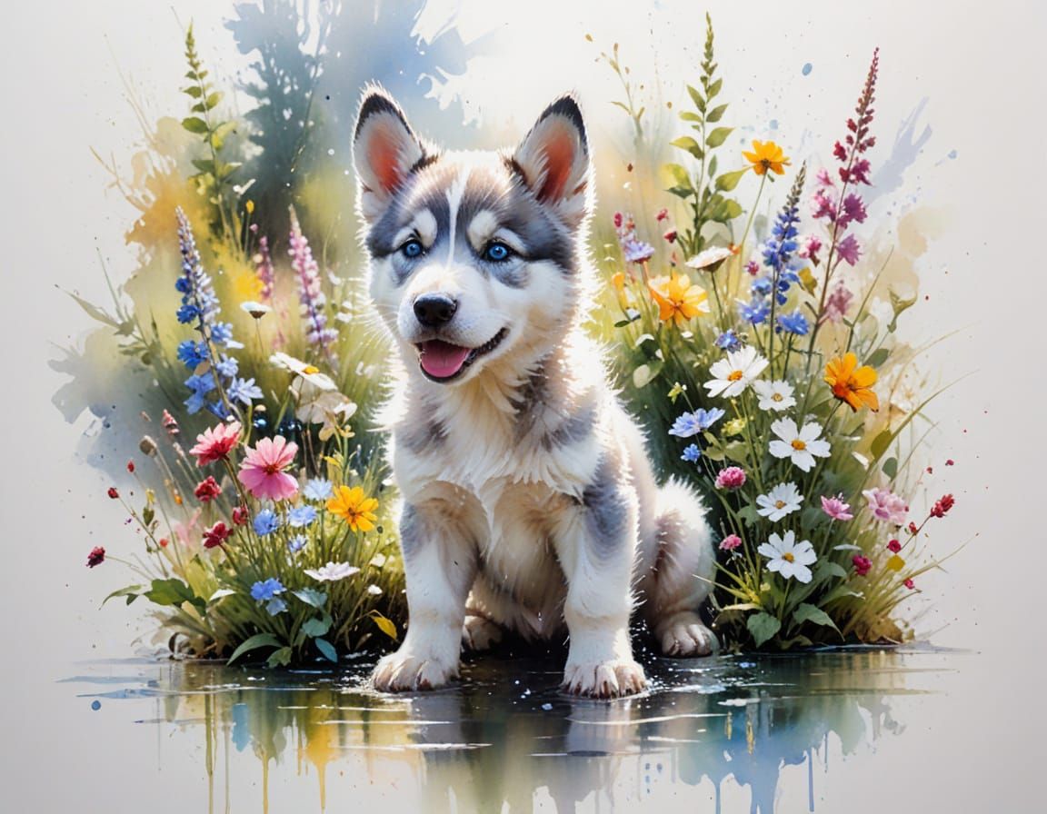 Playful Husky Puppy in Sunlit River Garden