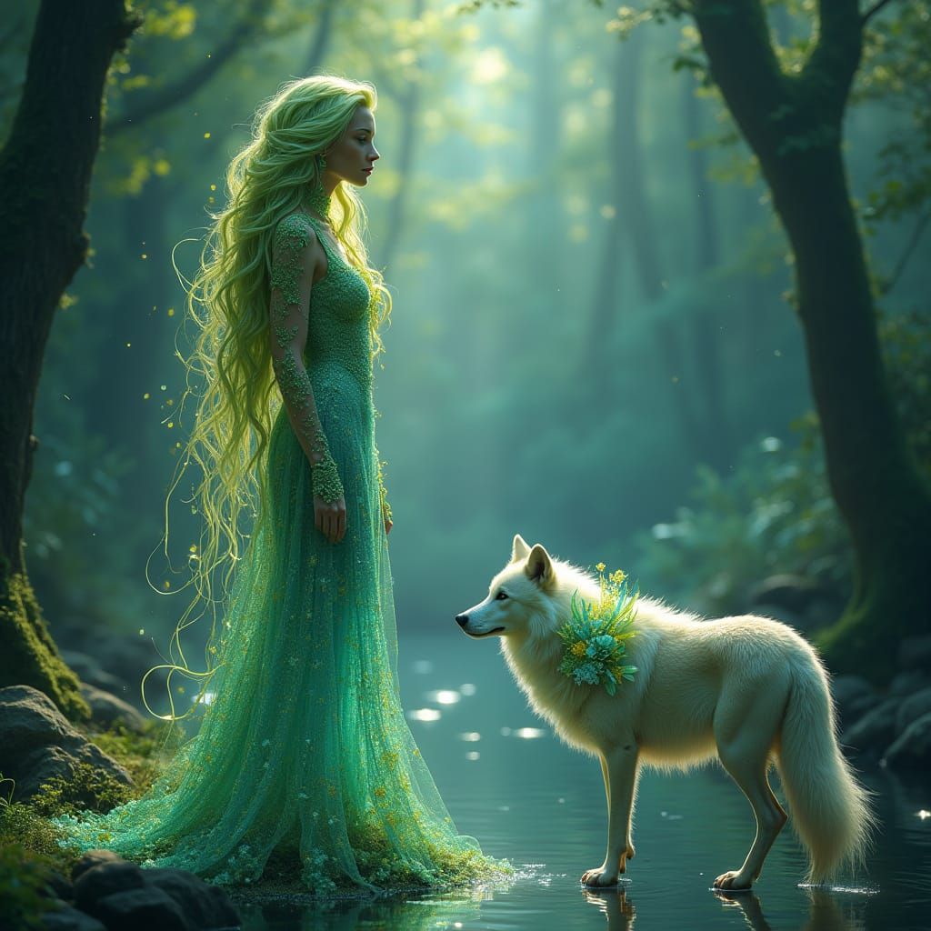 Surreal Goddess in Crystal Forest with Glowing Hair and Fire...