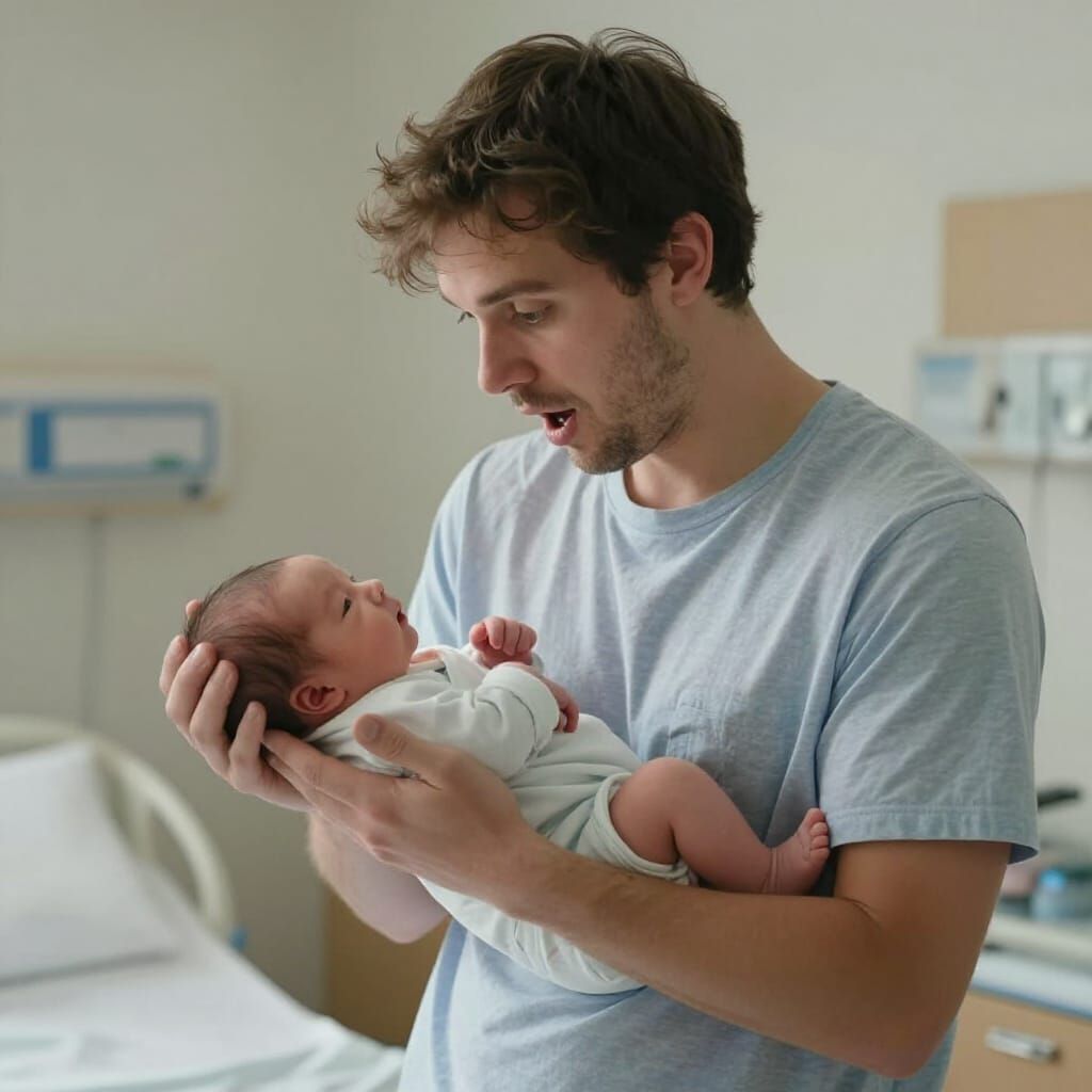 New Father's Awe Holding Newborn Baby in Hospital