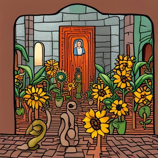 Sunflower Maze with Medieval House, Hyperdetailed Fairytale