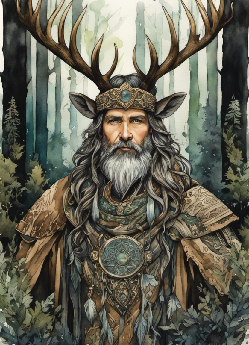 Druid with Stag Antlers in Watercolor Style
