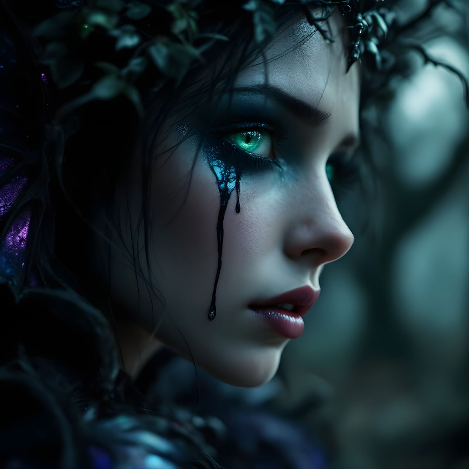 Dark Fairy Portrait with Glistening Tears in Gothic Forest