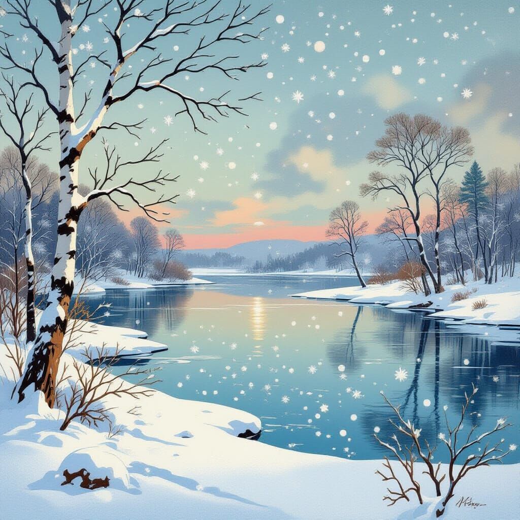 Winter Landscape in Art Nouveau Style