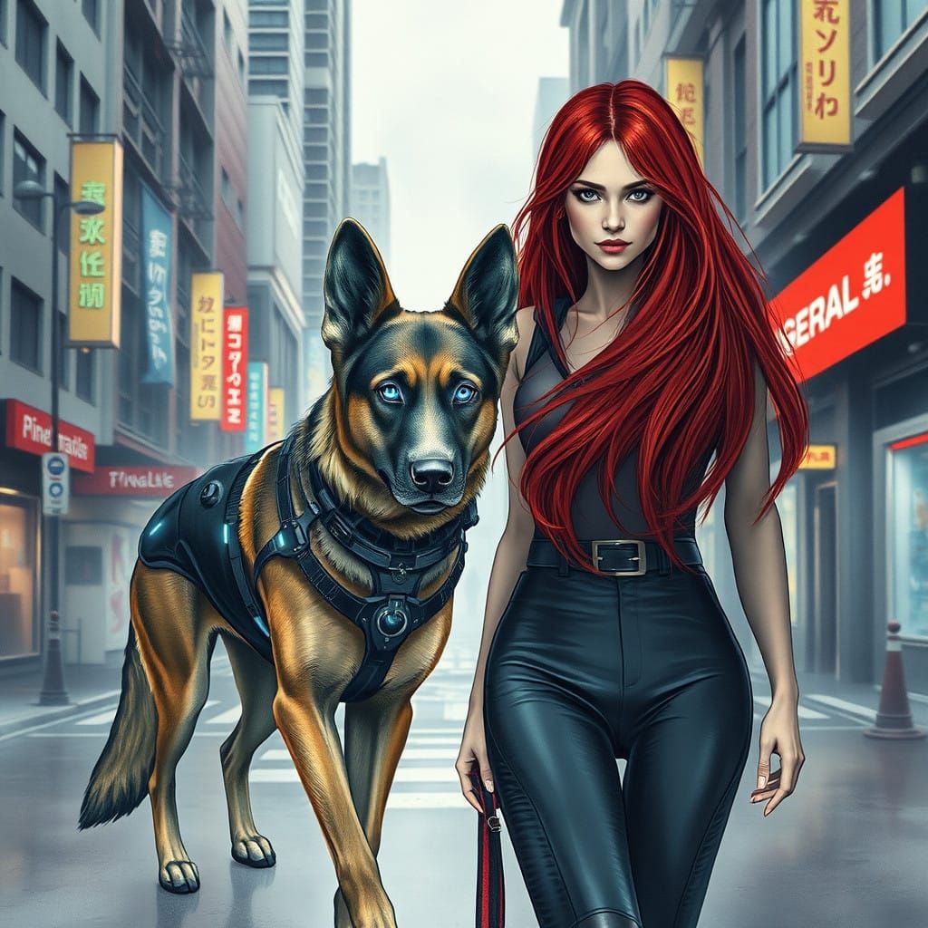 A Moody Watercolour of a Woman and Cyborg Dog in a Futuristi...