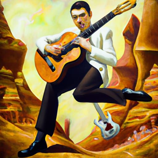 Tall handsome man playing guitar sitting on rock in space fine lines good composition hyperrealism fun
