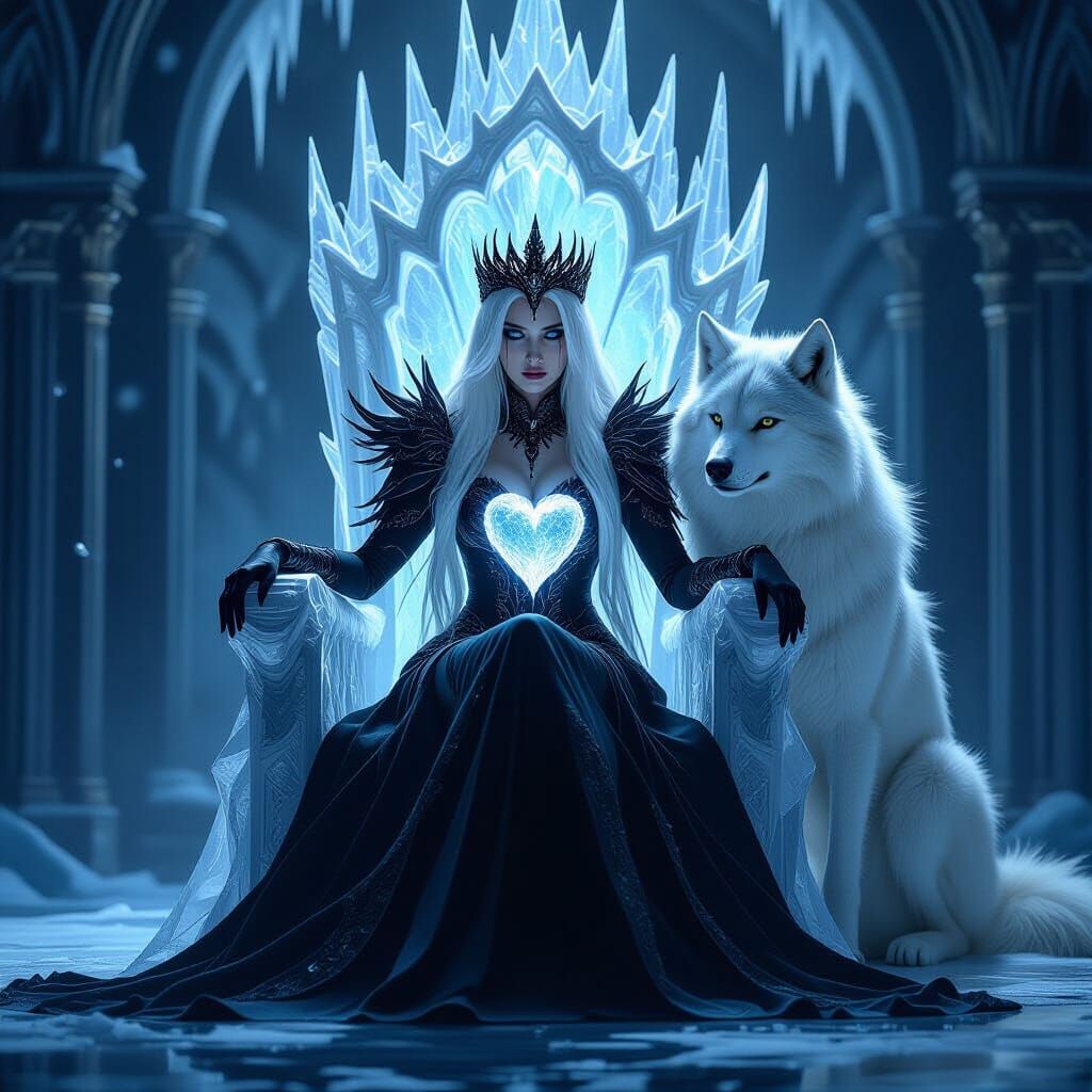 Dark Queen on Icy Throne with Wolf, Fantasy Art