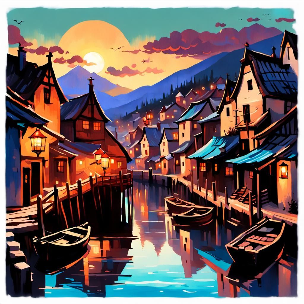 Joyful Medieval Fishing Village Sunset Illustration