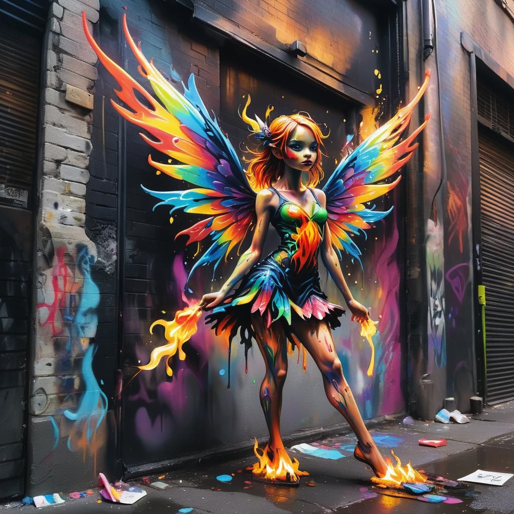 Vibrant Fire Fairy in Neon-Lit Cityscape