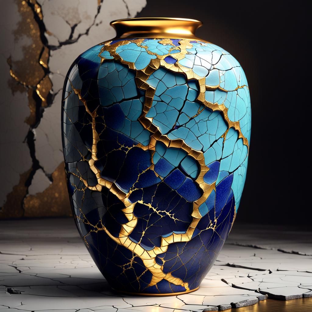 Cracked Glazed Ceramic Vase Japanese Kintsugi Art