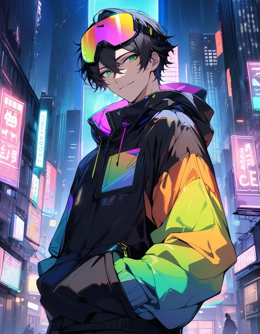 Bishounen in Cyberpunk City with Neon Lights