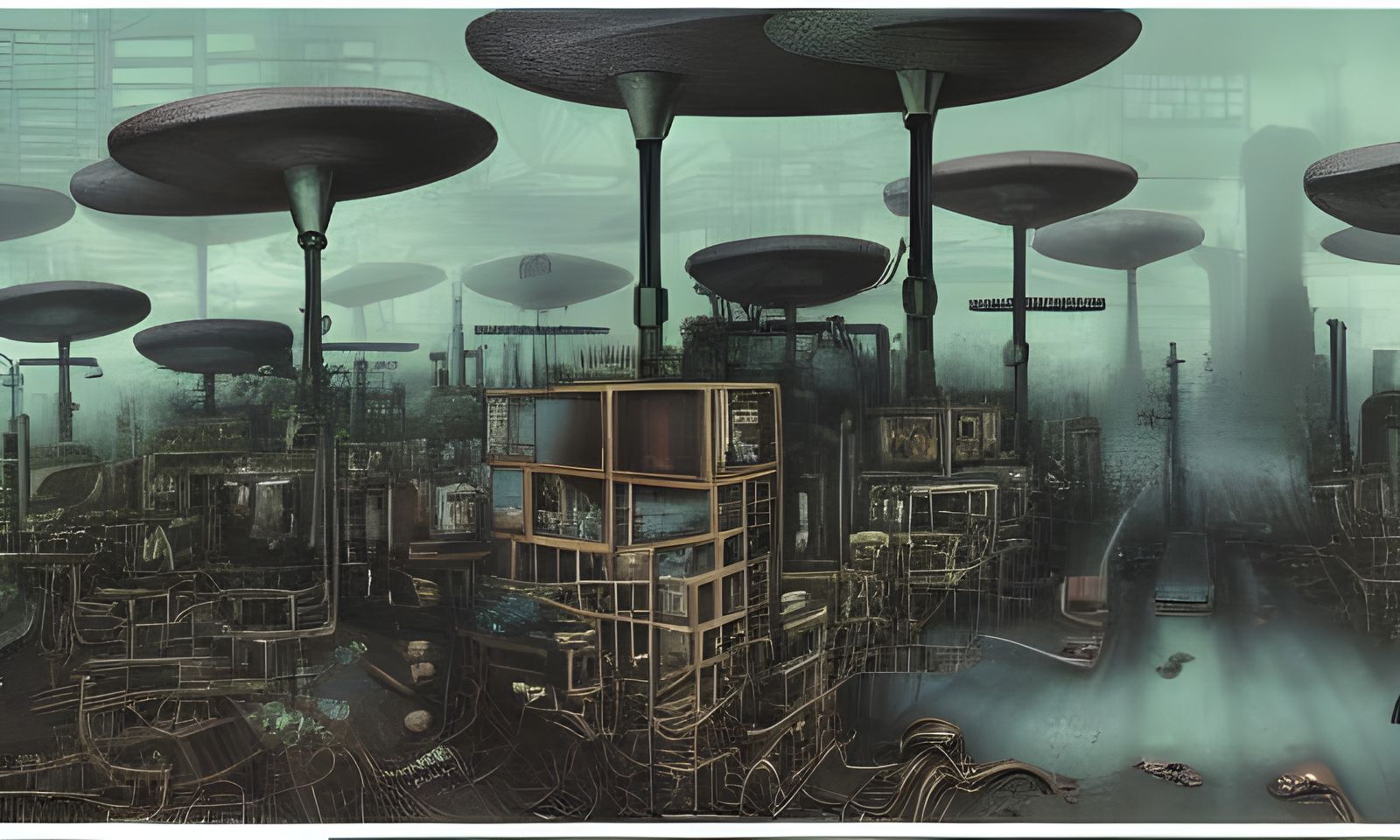 Dieselpunk Cityscape with Biopunk Elements and Neon Lights