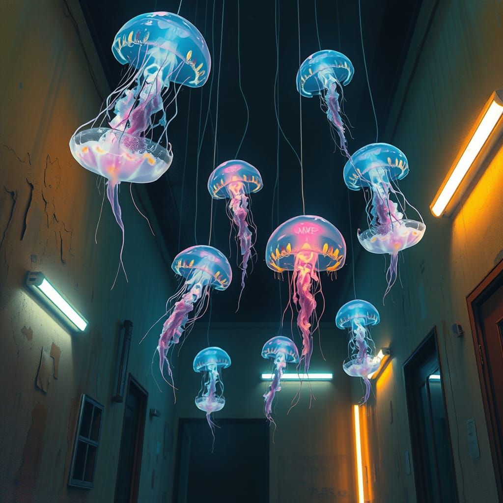 Luminous Jellyfish in Neon-Lit Backrooms