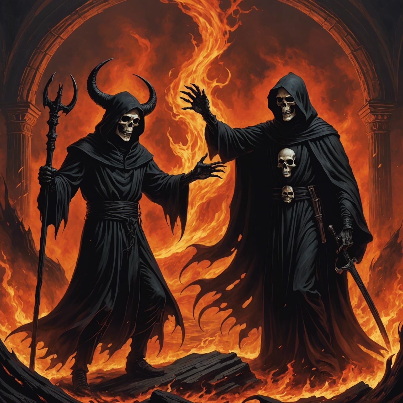 The grim reaper in hell high-fiving the devil