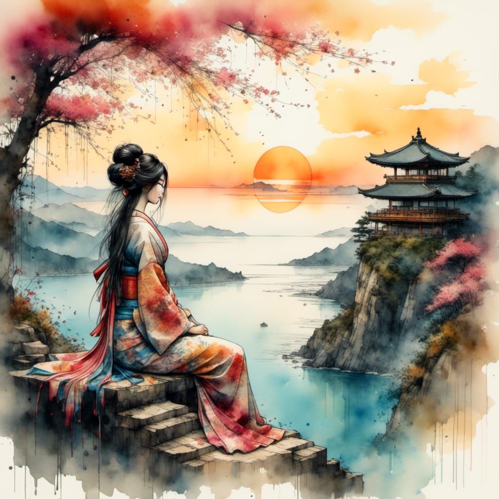 Beautiful Geisha Overlooking Sunset as 3D HD Art