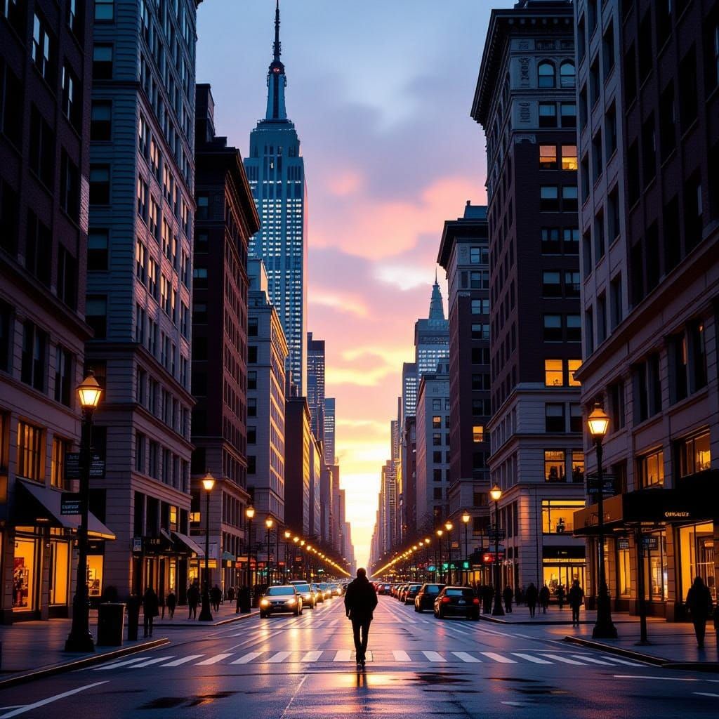 Bustling Cityscape at Dawn in Golden Sunrise Light