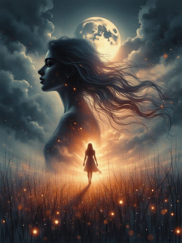 Double Exposure of Woman and Fireflies in Moonlight