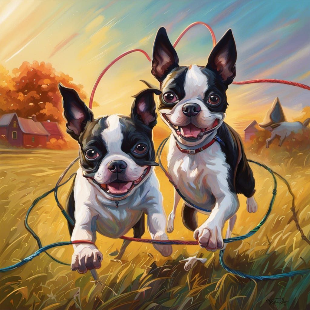 Boston Terriers Playing Jump Rope: Hyperrealistic Splash Art