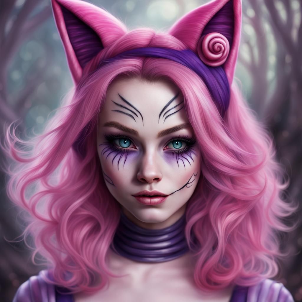 Hyperrealistic Cheshire Cat Woman in Wonderland