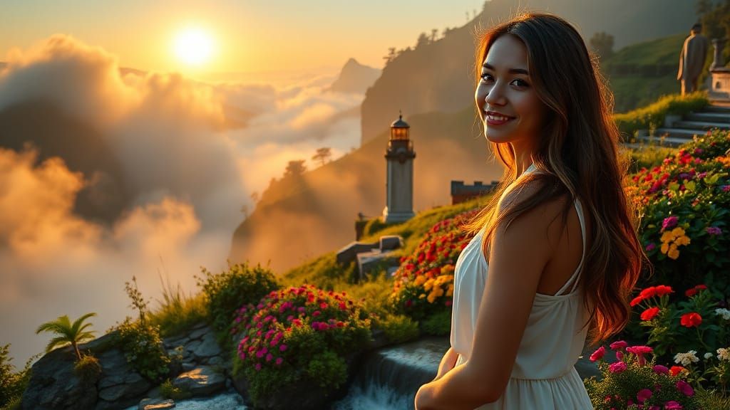 Woman on Misty Mountain Summit at Sunrise