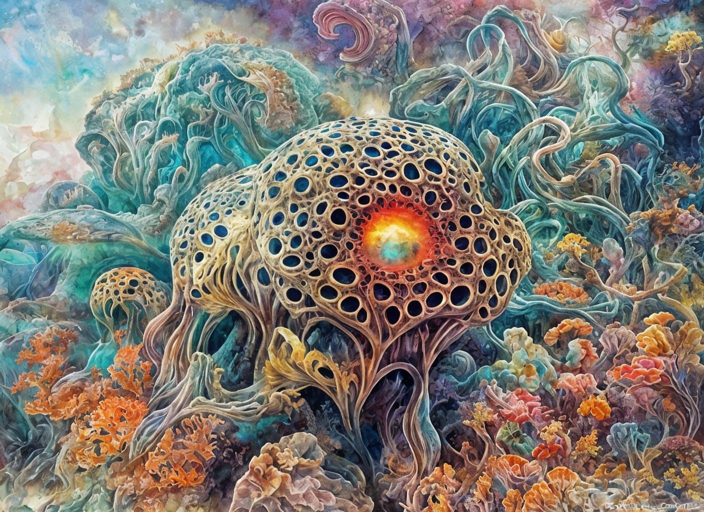 Eldritch Hellscape: Dreamlike Coral Reef in Watercolor
