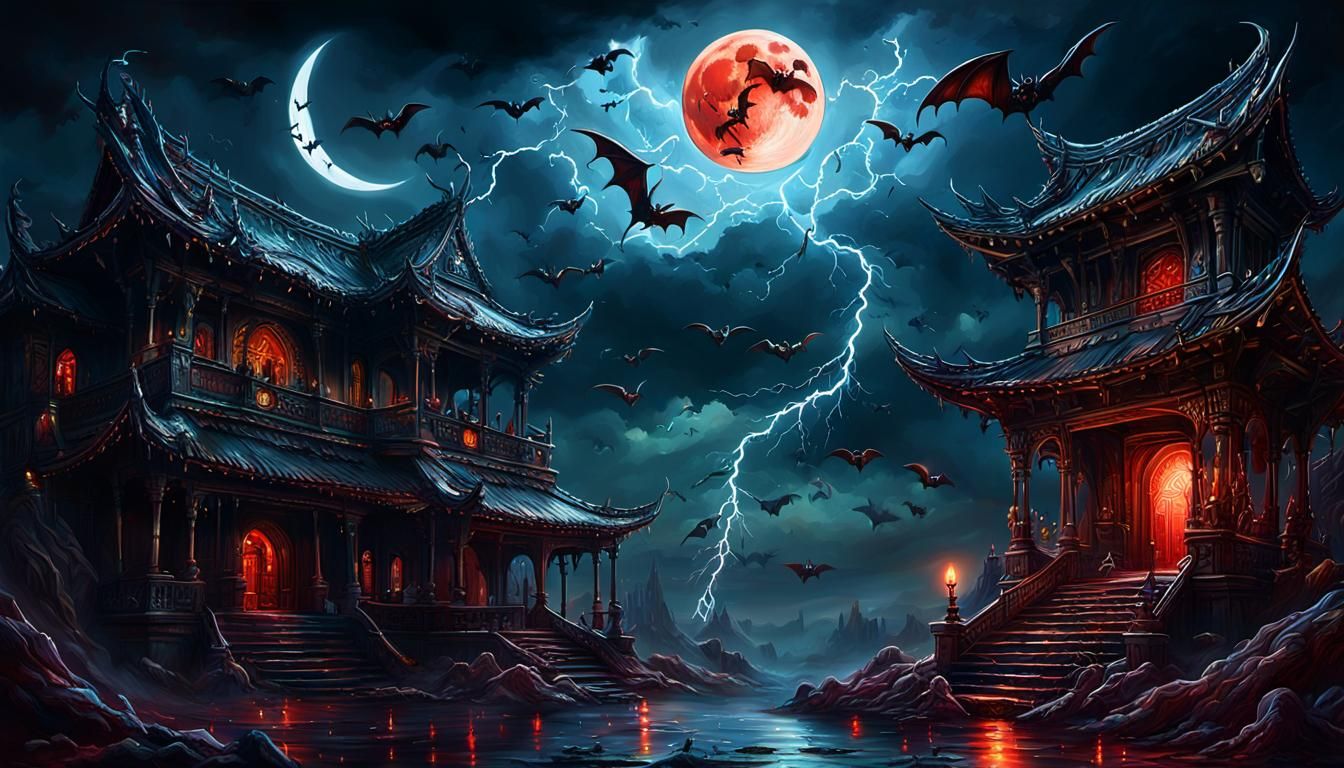 Ghosts and Bats Under Blood Moon in Digital Painting