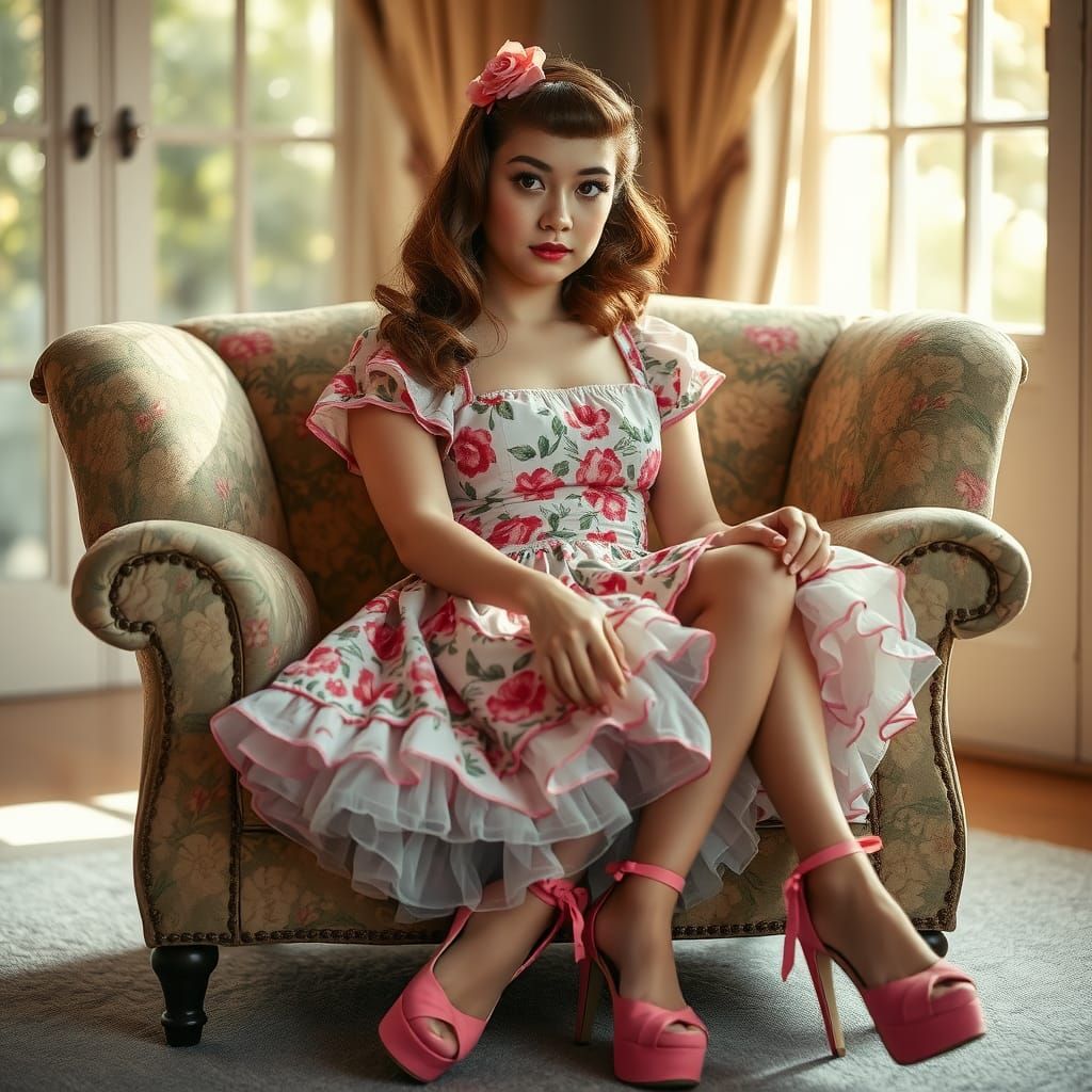 Boy Crossdressing as 1950s Housewife in Floral Setting
