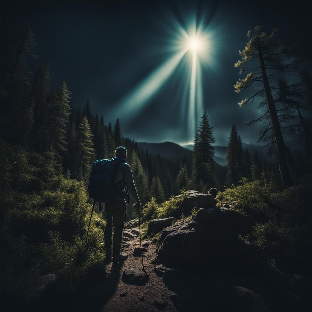 Eerie Night Beam Illuminates Lone Hiker