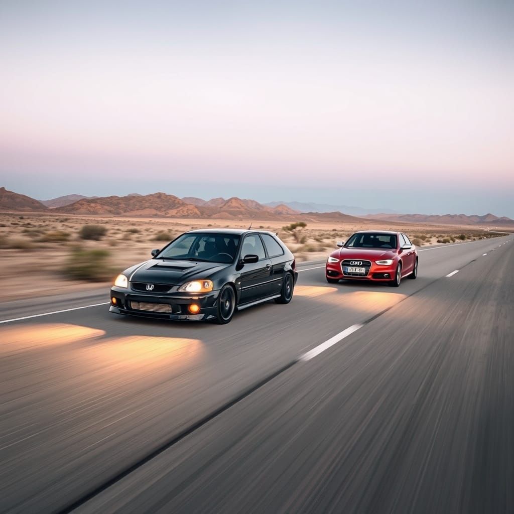 Vintage Honda Civic Racer Speeds Down Desert Highway at Nigh...