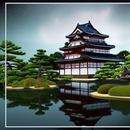 Himeji Castle as the centerpiece of a traditional Japanese garden, complete with koi ponds and meticulously pruned bonsa...