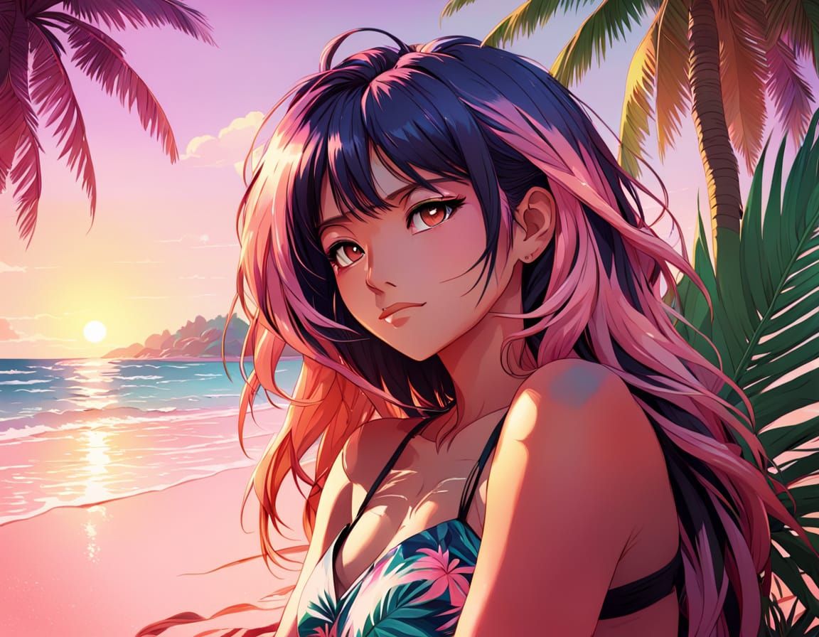 Jorogumo Woman on Pink Beach in Anime Style