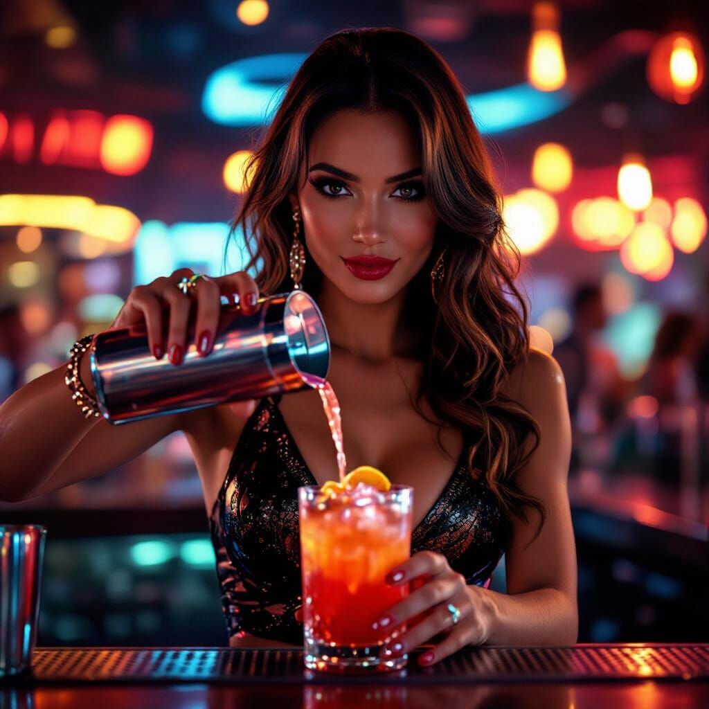 Glamorous Bartender Pours Cocktail in Neon Lit Club