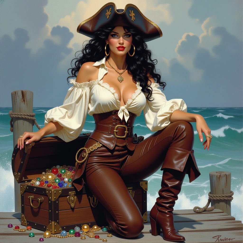 Pirate Queen on Stormy Dock, Fantasy Art