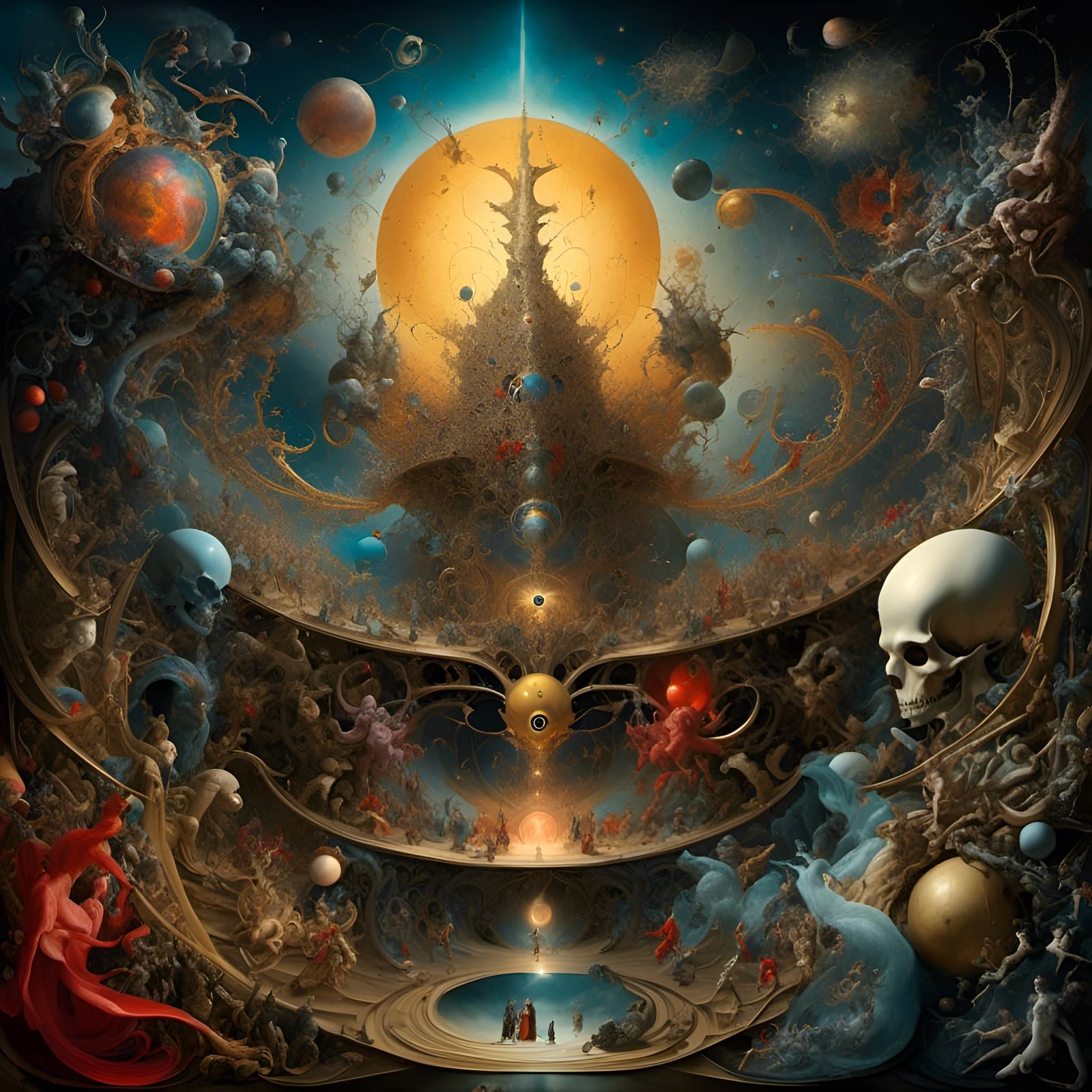 Epic Cosmic Battle of Good and Evil in Surreal Style