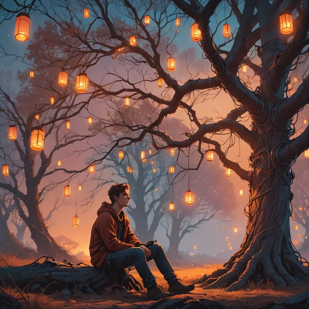 Kind Man Under Mystical Tree in Sci-Fi Art