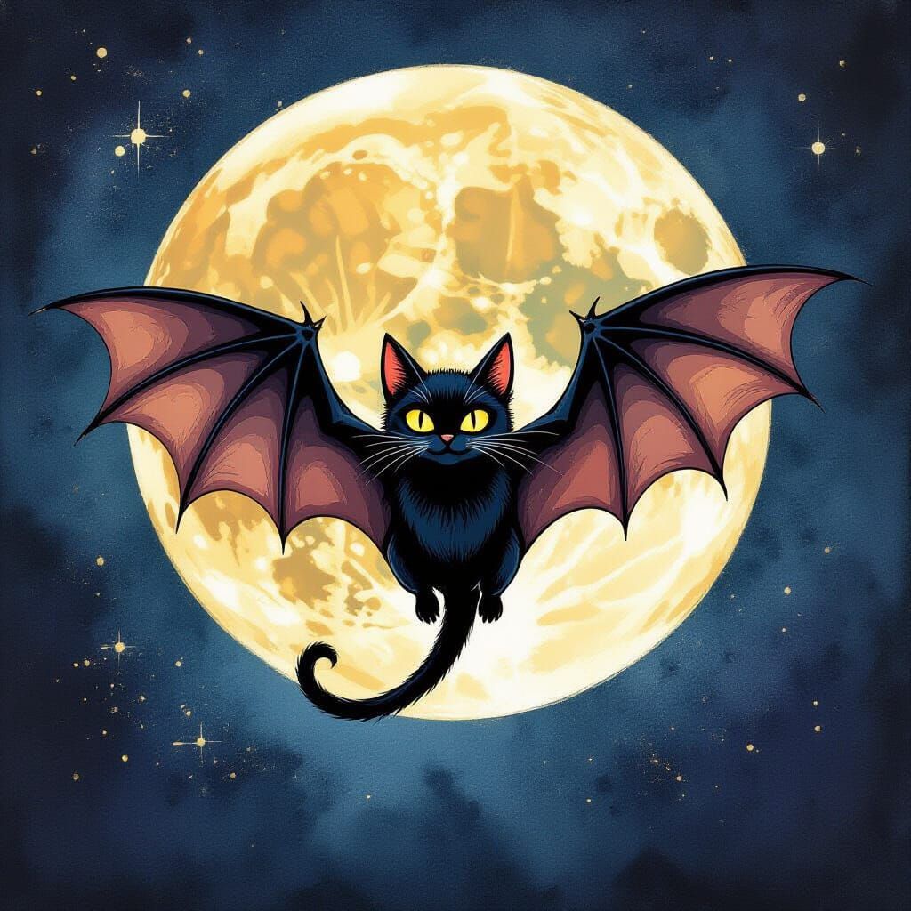 Winged Bat Cat Soars Before Moon, Alcohol Ink Splatter