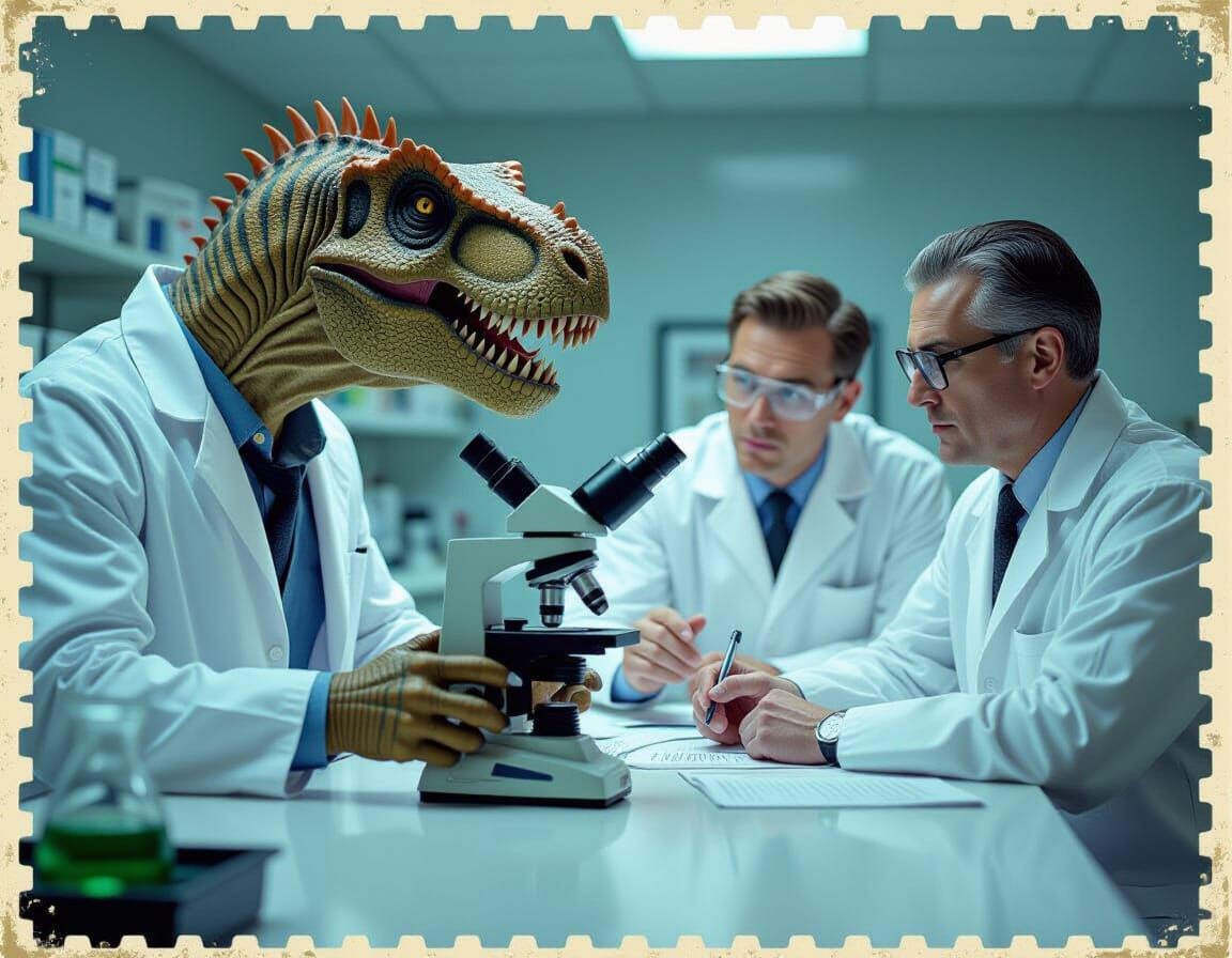Dinosaur in Lab with Scientists, Cinematic Film Grain Style