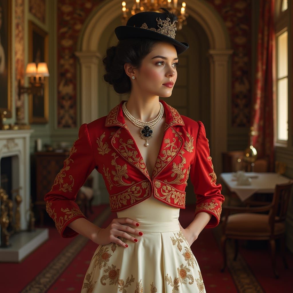 Scarlett O'Hara in Luxurious Red Crop Jacket and Capelina Ha...