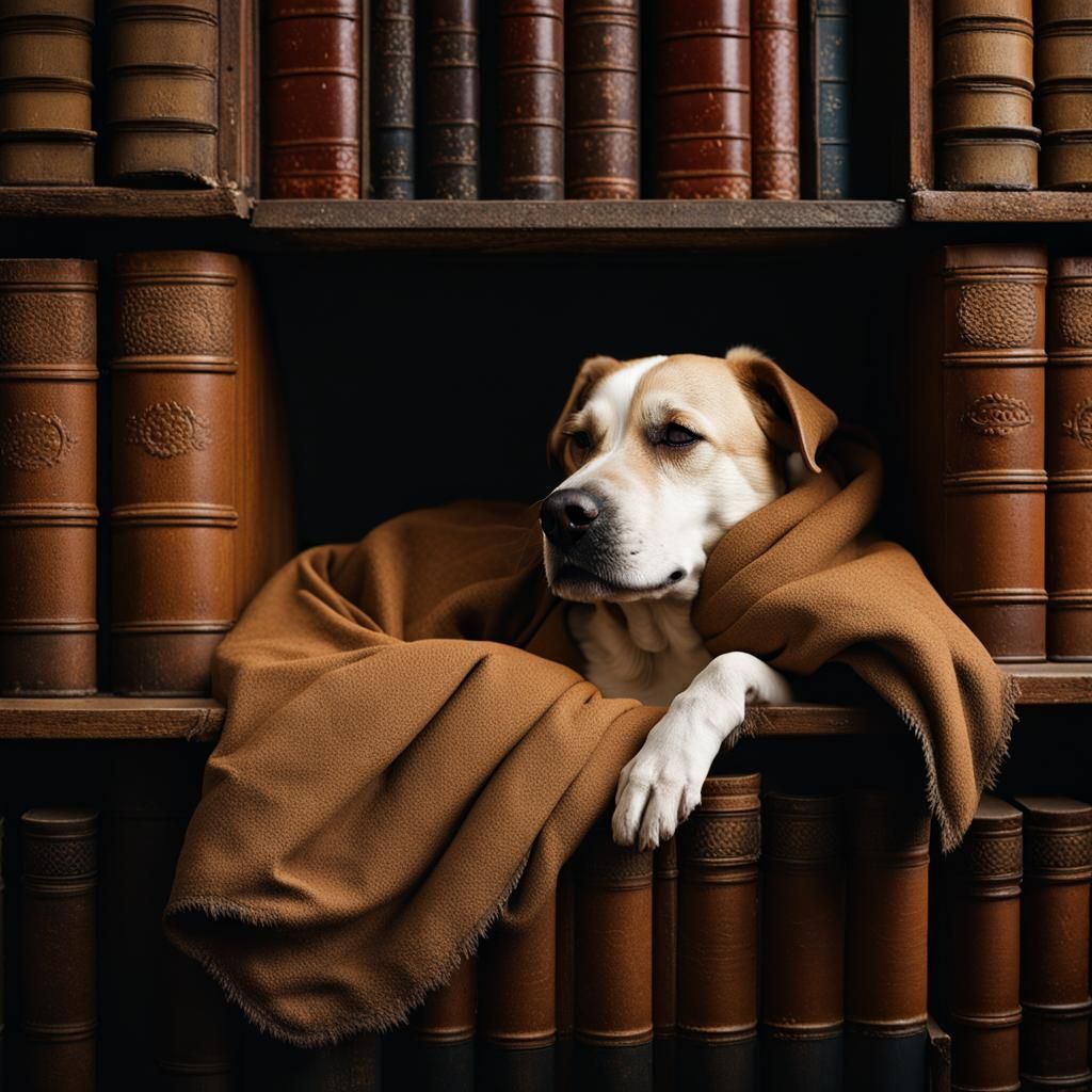 Sleeping Dog Portrait in Abandoned Library