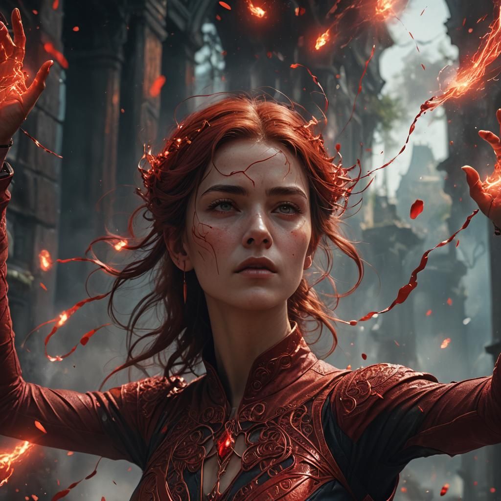 Elegant Woman Displays Red Telekinesis Powers