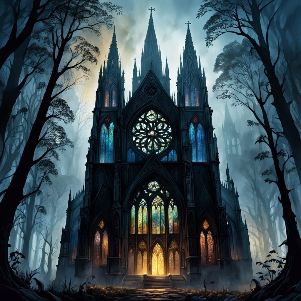 Gothic Cathedral in Mist, Dark Fantasy Illustration
