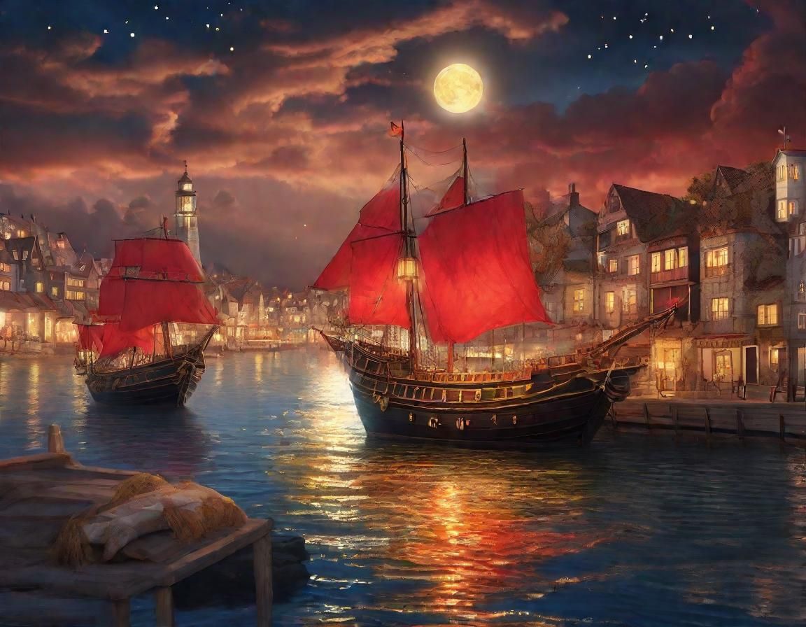 Galleon with Scarlet Sails in Harbor, Digital Art