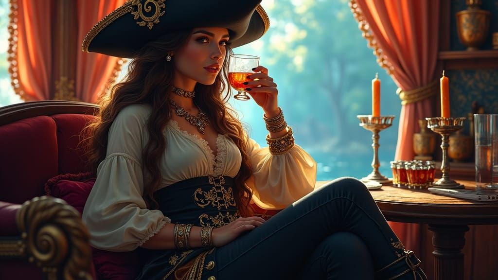 Pirate Captain Relaxing in Lavish Cabin with Rum