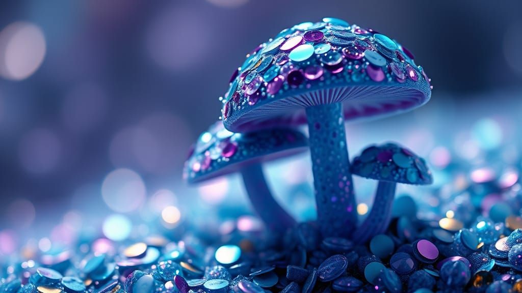 Iridescent Gemstone Mushrooms Soar Through Cosmic Space