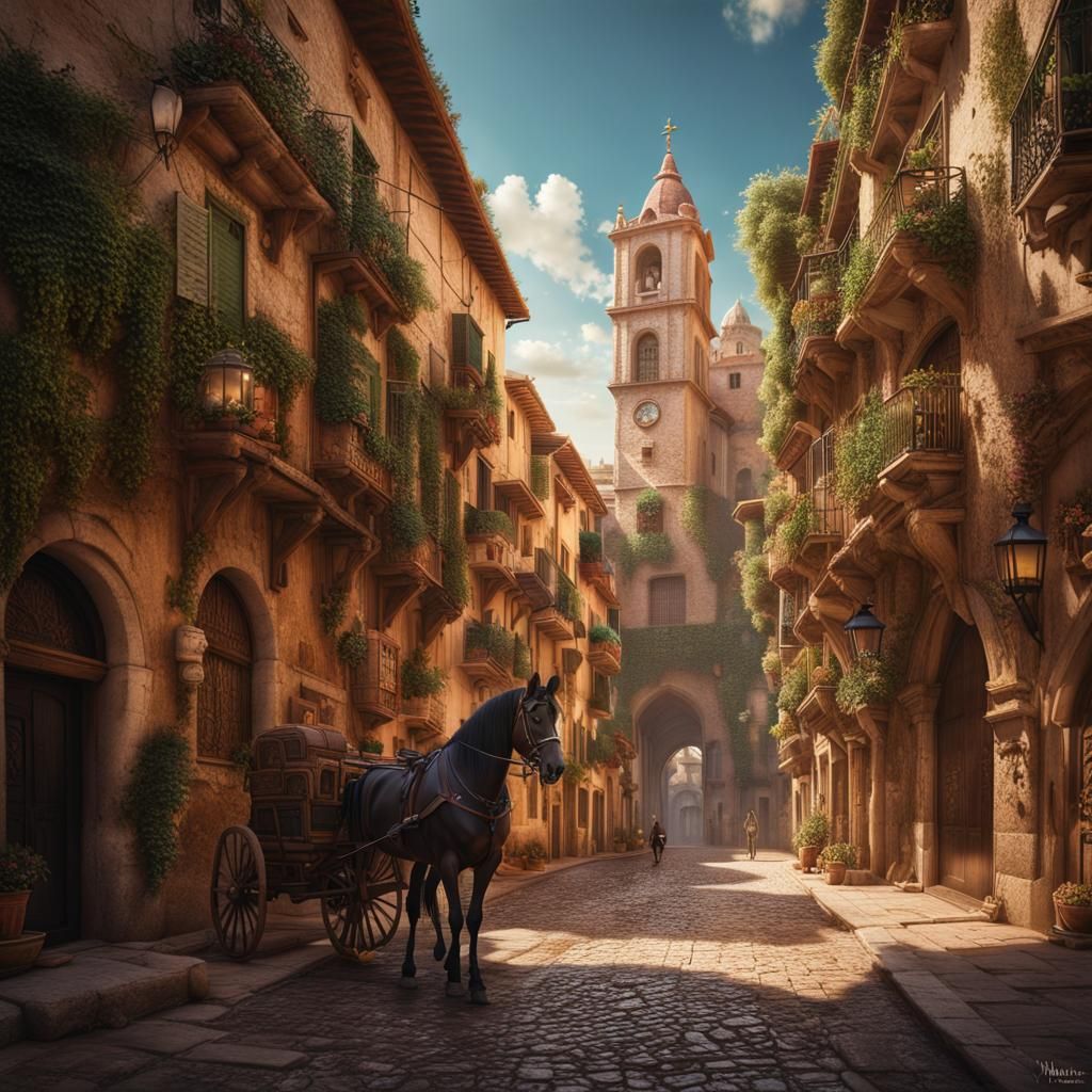 Horse-Drawn Carriage in Palma: Detailed Matte Painting